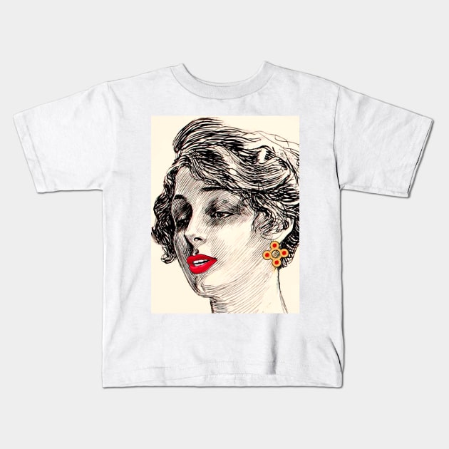 woman with golden earring and red lips Kids T-Shirt by Marccelus